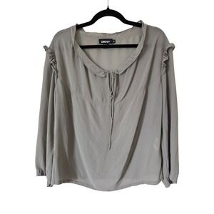 DKNY Womens 10 100% Silk Ruffle Tie Neck Blouse Grey Smocked Cuff Top Medium